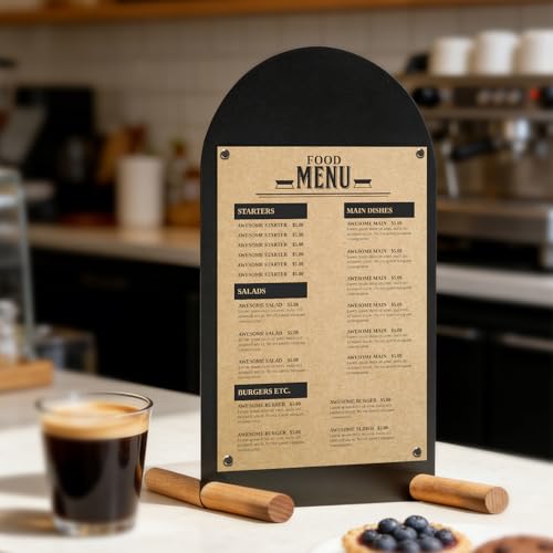 Metal Tabletop Menu Stand with Magnetic Holders and Chalk Writable Surface, Reusable Cafe Display Board with Wooden Base for Restaurant Bakery Retail Counter Menu, Daily Specials and Price Signs - size: A4 Vertical (17 × 9.5 in)