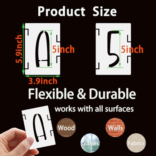 BAMIDELE 5 Inch Alphabet Letter Stencils, 42 Pcs Reusable Plastic Letters Numbers Symbol Interlocking Drawing Template Kit for Painting on Wood, Fabric, Rock, Chalkboard, Door Porch, Wall, Signage - size: 5 Inch