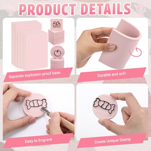Innconee 24 Pcs Rubber Stamp Carving Blocks Pink Rubber Carving Blocks Round Square Rectangle Making Kit for Stamp Crafts and DIY Project