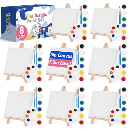 ESRICH 8 Set Mini Acrylic Paint Kit, 5in Mini Canvas with 7.5in Easel | Acrylic Paint Strips, Paint Palettes, Painting Brushes, Small Canvas and Easel Set for Kids Artists Beginner, Gift - size: 8 set 5 x 5 inches