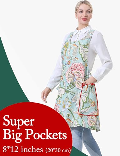 Cozy Adjustable Cross Back Aprons for Women with Pockets Cotton Linen Cooking Kitchen Baking - color: Green Flower