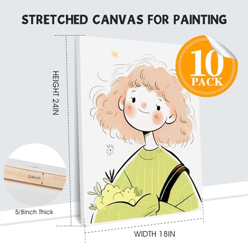 ESRICH 18x24 Inch Stretched Canvas for Painting, 10Pack Large Canvas for Painting, Primed Acid-Free Cotton Blank Canvases, Art Paint Canvases for Oil, Watercolor, Acrylic Paint, Gouache. - size: 18x24in-10Pack