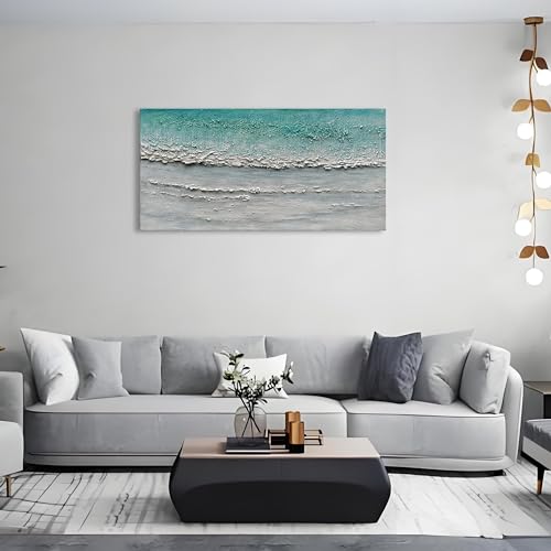 Art Hand-Painted Blue and White Ocean Landscape Oil Painting Modern Abstract Canvas Art Home Wall Decoration 24x48 inches - color: Dn170
