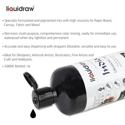 Liquidraw Black Drawing India Ink - 16.91 fl oz / 500 ml | Must-Have Artist Supply | Non-Toxic, Waterproof & Permanent | Suitable for Pens & Brushes | Use On Paper Board, Canvas, Fabric & Wood