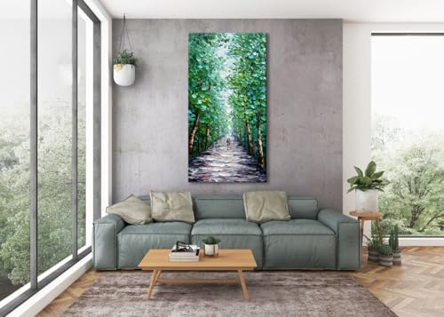 Alenoss Hand Painted Green Canvas Wall Art, Abstract Oil Painting on Canvas | Large Midsummer Forest Landscape Painting, 24x48 inches, Green, Vertical Wall Art for Living Room, Bedroom - color: AL-B102