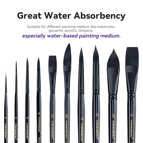 Transon 10pcs Natural Watercolor Paint Brush Set Professional for Watercolor Acrylic Ink Gouache Tempera - color: Black