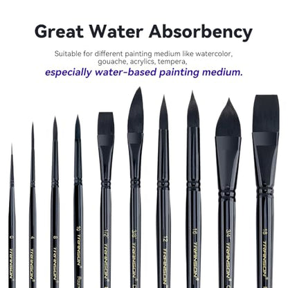 Transon 10pcs Natural Watercolor Paint Brush Set Professional for Watercolor Acrylic Ink Gouache Tempera - color: Black
