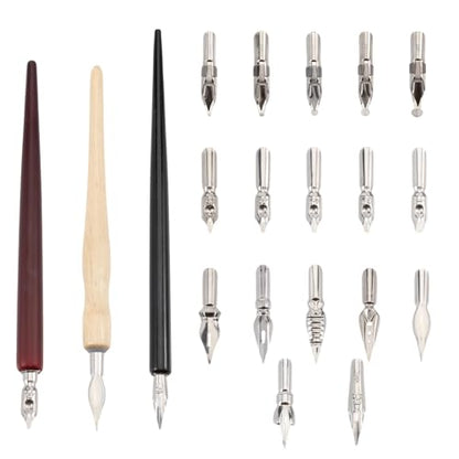 beinkmake 20Pcs Comic Pen Nib Set 17 Styles Stainless Steel Dip Pen Nib Replacement 3 Colors Wooden Pen Holder for Writing Drawing Signing