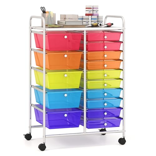 Giantex 15 Drawer Rolling Cart with Drawers, Storage Organizer Cart for Classroom Office School Teacher, Mobile Drawer Cart for Tools, Crafts, Small Printer, Paper (Clear Red+Orange+Green+Blue+Purple) - color: Multicolor, size: 15 Drawer-25"x14.5"x34.5"