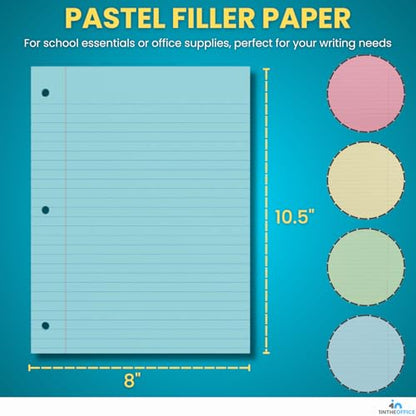 1InTheOffice Colored Notebook Paper 8.5x11, Wide Ruled, Lined Loose Leaf Paper, Pastel, 200/Pack