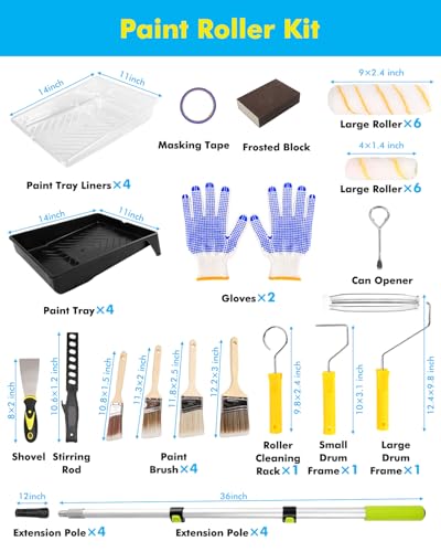 32 PCS Paint Roller Kit with Extension Pole, Paint Rollers Frames, Brushes, Tray & Liners, Professional Painting Supplies for Walls Ceiling House Interior, Foam Roller Tool Set with Bag