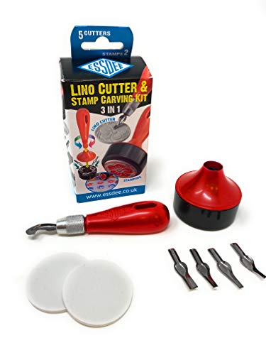 ESSDEE Block Printing Baren Tool Kit Includes 5 Lino Cutters, Lino Handle, 2 SoftCut Discs and Storage Unit || Used in Art, Craft and Carving Stamps || Made from UK