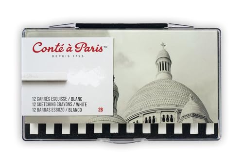 Conté à Paris 12 Count 2B Sketching Crayons Set, White | Soft Highlighting Medium, Creates Strong Contrast On Toned Papers, Excellent For Layering And Detail - style: 12 Count - White 2B