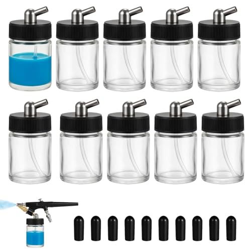 10pk 22cc Airbrush Bottles, Universal Jars for Most Siphon Guns | Universal 30° adapter fits Iwata, Master & Badger， Sealed caps, leak-proof，0.75oz glass jars，10-pack for quick color change - size: G3P