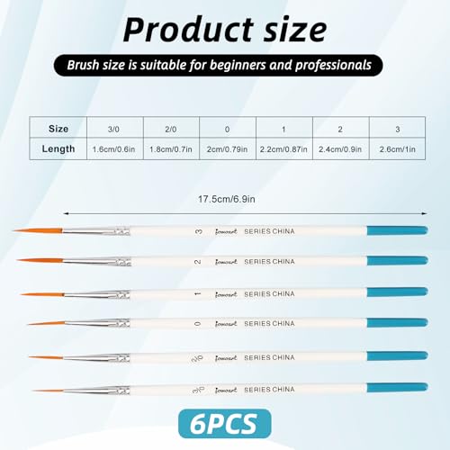 6 Pcs Rigger Brush Watercolor,Professional Script Liner Brushes,Ultra Fine Point Tip Detail Paint Brushes Sizes 000-3 for Acrylic Oil Gouache Ink,Pinstriping,Miniature Nail Art