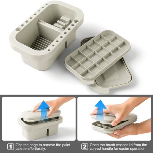 MyLifeUNIT Paint Brush Cleaner, Paint Brush Holder with Palette, Grey | 18 mixing wells, 16 slots fitting 0.24-0.63 in diameters, 3 washing compartments, removable tray lid - color: Grey