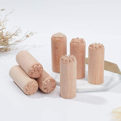 OLYCRAFT 7PCS 2x0.8 Inch Wood Pottery Tools Stamps Polymer Clay Stamp Column Wooden Stamps Round Pottery Stamp with Mixed Patterns for Clay and Ceramic