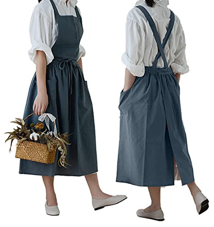 Cotton Pleated Apron Retro Waterdrop Proof Garden Cleaning Pinafore Dress - color: Green