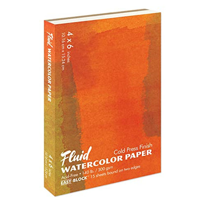 Fluid Watercolor Paper Block, 4 x 6 inches, 15 Sheets, 140 lb (300 GSM) Cold Press Pad for Artist Painting and Wet Media - size: 4 x 6 Block