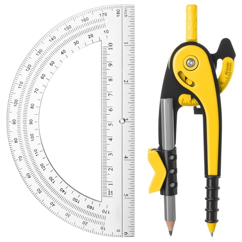 EBOOT Student Geometry Math Set, Drawing Compass and 6 Inch Clear Swing Arm Protractors 180 Degree Math Protractor (Yellow) - color: Yellow