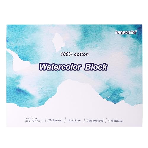 tumuarta Watercolor Block, 9x12 in, 100% Cotton, 140 LB 300 GSM, 20 Sheets, Acid Free, Cold Press, Watercolor Paper Pad, Mixed Media Sketch Books for Watercolors, Acrylic, Gouache, Ink - size: 9"x12" Cold Press