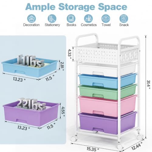 5 Drawer Rolling Storage Cart with Pegboard Top and Hooks, Ice Cream - color: Ice Cream, size: 5-Drawers