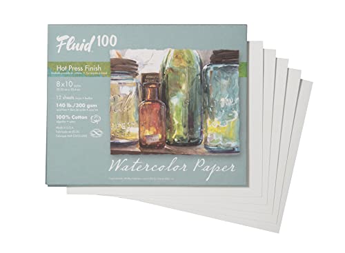 Fluid 100 Artist Watercolor Paper, 140 lb (300 GSM) 100% Cotton Hot Press for Watercolor Painting and Wet Media, 8 x 10 Pochette, 10 Sheets - size: 8 x 10