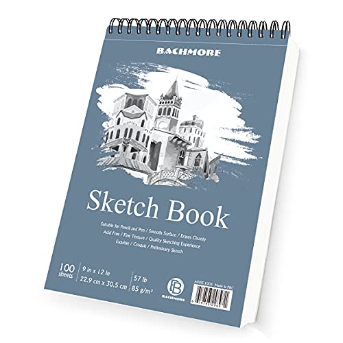Bachmore Sketchpad 9X12 Inch (57lb/85g), 100 Sheets of Spiral Bound Sketch Book for Artist Pro & Amateurs | Marker Art, Colored Pencil
