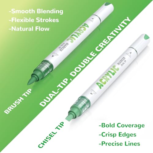 Guangna 12 Green Dual Tip Acrylic Paint Markers, Brush Tip & Chisel Tip Acrylic Paint Pens for Pumpkin Paint, Rock, Wood, Glass, Paper, Coloring Book, Ceramic, Canvas, Water-Based Ink - color: Green