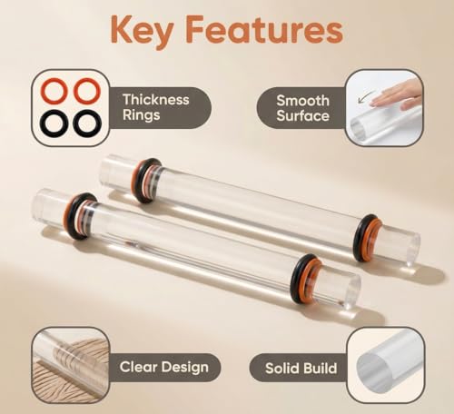 Polymer Clay Tools, 2Pcs Clay Rolling Pin with Thickness Rings, Clear Acrylic Roller for DIY Pottery Craft Modeling Shaping Handmade Art Supplies