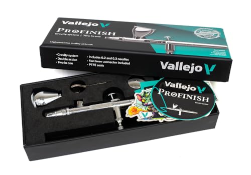 Vallejo - Airbrush Profinish, Profesional Dual-Action Gravity-Feed System with 0.2 & 0.3mm Nozzles and 0.1/0.3 & 0.5 fl.oz. Cup Included, Ideal for Artists, Ultra-Light Alloy Construction
