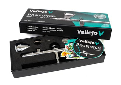 Vallejo - Airbrush Profinish, Profesional Dual-Action Gravity-Feed System with 0.2 & 0.3mm Nozzles and 0.1/0.3 & 0.5 fl.oz. Cup Included, Ideal for Artists, Ultra-Light Alloy Construction