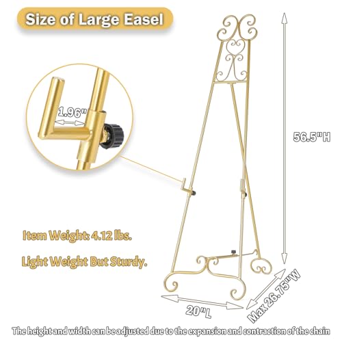 Metal Large Free Standing Adjustable Display Stand Scroll Easel with Chain Support, Gold Easel Stand for Sign, Heavy Duty Easel for Mirror, Wedding, Picture Frame (No Installation Required) - style: Scroll-Gold