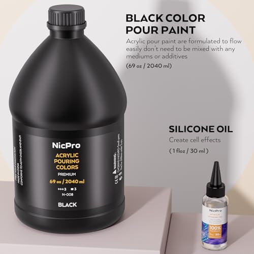 Nicpro Jet Black Color Acrylic Pour Paint, 69oz Pre-Mixed Pouring Paint | Supplies with Silicone Pour Oil & Gloves for Canvas, Rock, Wood Cell Creation Flow DIY Art Painting, Ready to Pour - color: 69oz-black