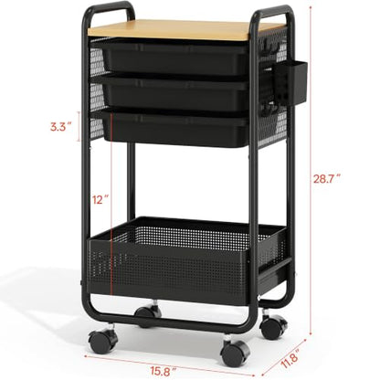 KINGRACK 3 Tier Rolling Cart with Drawer, Metal Utility Storage Cart, Black | 3 Drawers, Pegboard & Wood Tabletop, Lockable Wheels, 4 Hooks & 1 Bin, for Living Room,Bedroom,Craft Room,Office,Kids Room - color: Black