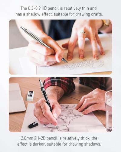 Nicpro 37PCS Art Mechanical Pencil Set, 4PCS Metal Drafting Pencil | 0.3mm, 0.5 mm, 0.7 mm, 0.9 mm & 2PCS 2mm Lead Holder (6B 4B 2B HB 2H 4H Colors) For Sketching Drawing With 23 Tube Lead Case - color: Black, style: 0.3 0.5 0.7 0.9 2.0