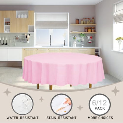 D&Z 12 Pack Pink Disposable Plastic Tablecloth, 84" Round Table Cover - color: Pink, size: 12 Pack 84" Round