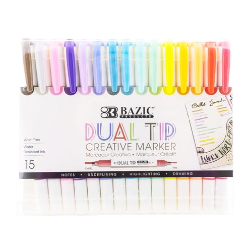 BAZIC PRODUCTS Dual-Tip Creative Markers, Chisel & Fine, 15 Colors | acid-free, water-resistant, non-toxic, ASTM D-4236, art, lettering - color: Rainbow Set, size: 1-Pack