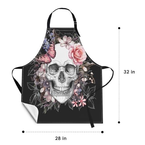 Britimes Apron with Pockets, 32x28 inch, for Women Men, Skull Rose Floral - color: Skull Flower