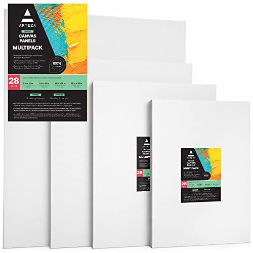 ARTEZA Canvas Boards for Painting, 9 x 12, 11 x 14, 12 x 16, 16 x 20 Inches, Multipack of 28, Blank White Canvas for Acrylic, Oil and Gouache Painting - size: 9 x 12, 11 x 14, 12 x 16, 16 x 20 Inches