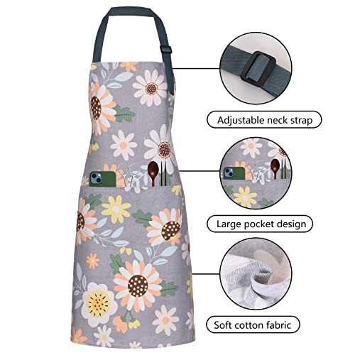 2 Pack Floral Apron for Women with Pockets, Adjustable Cotton Chef Aprons for Kitchen, Cooking, BBQ & Grill - color: Green/Leaves