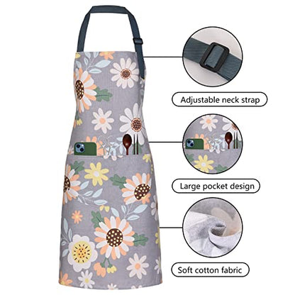 2 Pack Floral Apron for Women with Pockets, Adjustable Cotton Chef Aprons for Kitchen, Cooking, BBQ & Grill - color: Green/Leaves