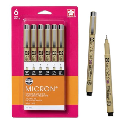 SAKURA Pigma Micron Fineliner Pens, Black, Assorted Points, 6 Pack - size: 6 Count (Pack of 1)