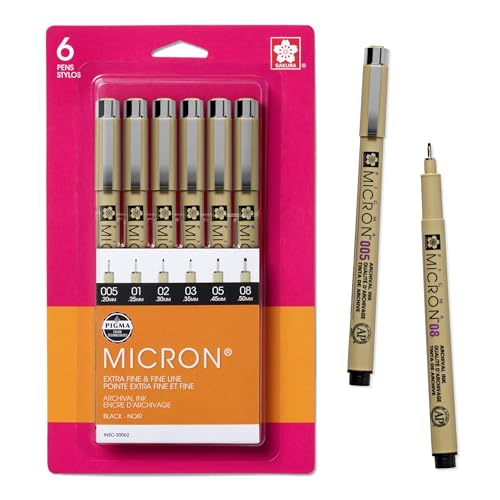 SAKURA Pigma Micron Fineliner Pens, Black, Assorted Points, 6 Pack - size: 6 Count (Pack of 1)