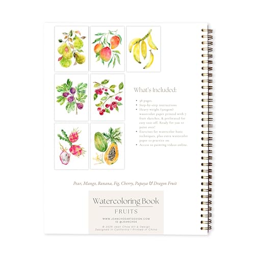 Fruit Watercolor Workbook for Beginners with Cotton Cold Press Watercolor Paper, Pre-Outlined Designs, Step-by-Step Instructions & Online Videos – Premium DIY Art Book for Adults & Gifts - style: Fruit