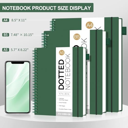 AHGXG Dotted Journal, Grid Spiral Notebook, 110 Pages, A4 (8.5" x 11") | 100 GSM Thick Dot Paper, Waterproof Plastic Cover Journals for Journaling, Sketching (Green) - color: Green, style: A4-Dotted