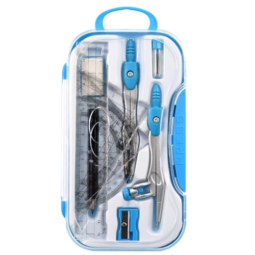 Vobou 10 pcs Math Geometry Set Student Supplies,Compass Kit Set (Blue） | Shatterproof Storage Box,Rulers,Protractor,Compass,Eraser,Pencil Sharpener,Lead Refills,Pencil,for School and Drawing - color: Blue-01