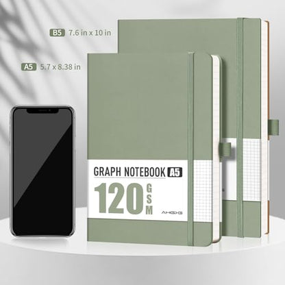 AHGXG Graph Paper Notebook, 120 GSM Paper, 96 Pages, B5 (7.6'' X 10'') - color: Sage Green, style: B5-Grid-120G