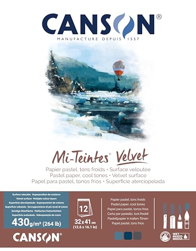 Canson Mi-Teintes Velvet Drawing Paper Pad, Cool Tones, Assorted Colors, Glue Binding, (260lb/430g), 12 Sheet, 12.6x16.1 inch, 1 Count - color: Cool Tones, size: 32x41cm