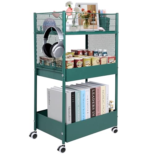 3 Tier Rolling Storage Cart Metal Utility Cart with Wheels | Office Organizer with Hooks & Hanging Cups, Mobile Shelving Unit for Kitchen Nursery Craft Snack Book - color: Emerald Green